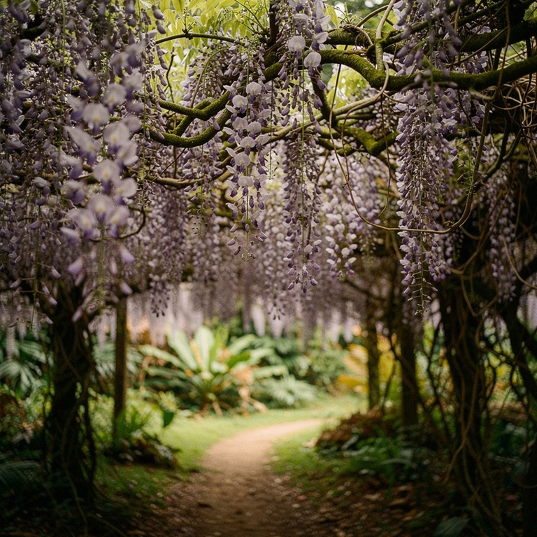 Wisteria vines hanging in heavy purple curtains over a jungl... | ShopAyahuascaRetreats
