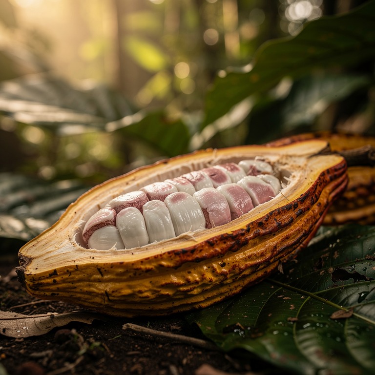 A close-up of a cacao pod, split open to reveal its vibrant,... | ShopAyahuascaRetreats