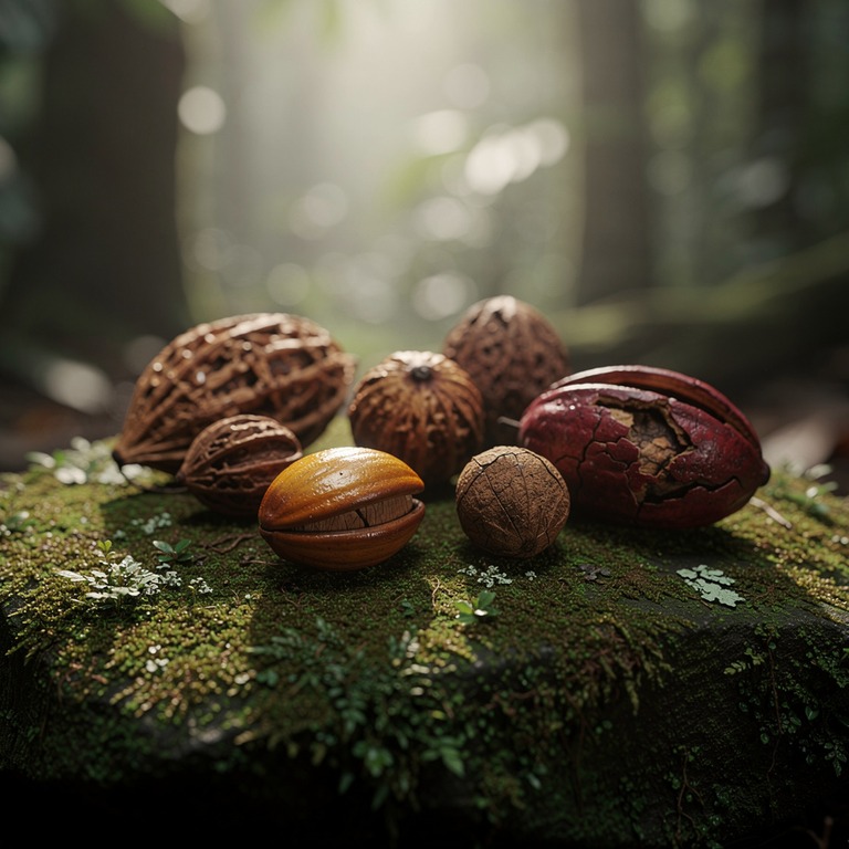 A close-up of a few Amazonian tree seeds and pods on a large... | ShopAyahuascaRetreats