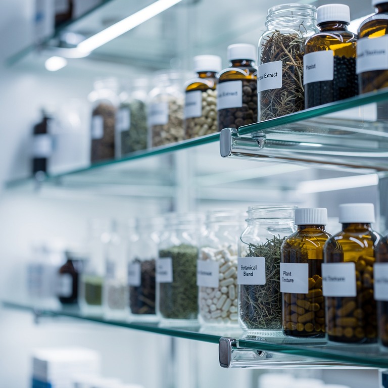 A close-up of a pharmacist's glass shelf stocked with variou... | ShopAyahuascaRetreats