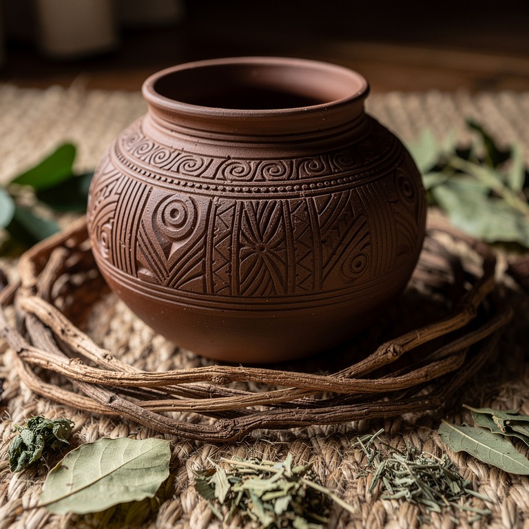 A close-up of a traditional, handmade ceramic vessel, adorne... | ShopAyahuascaRetreats