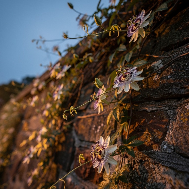 A delicate, blooming passionflower vine unfurls on a weather... | ShopAyahuascaRetreats