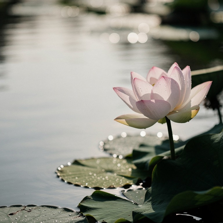 A delicate, dew-kissed lotus flower blooms in a quiet pond, ... | ShopAyahuascaRetreats
