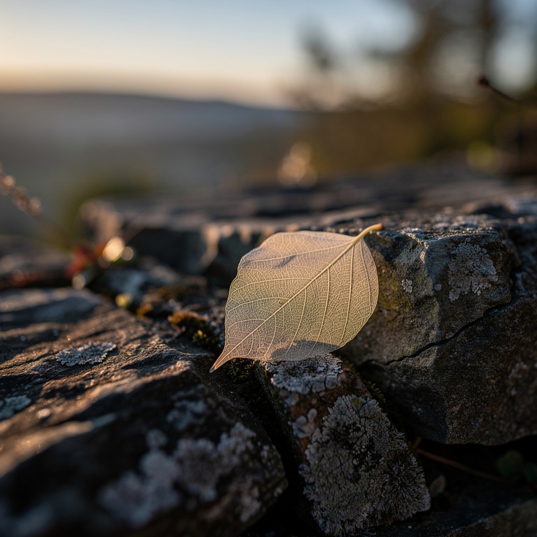 A delicate, translucent leaf clings to a weathered stone wal... | ShopAyahuascaRetreats