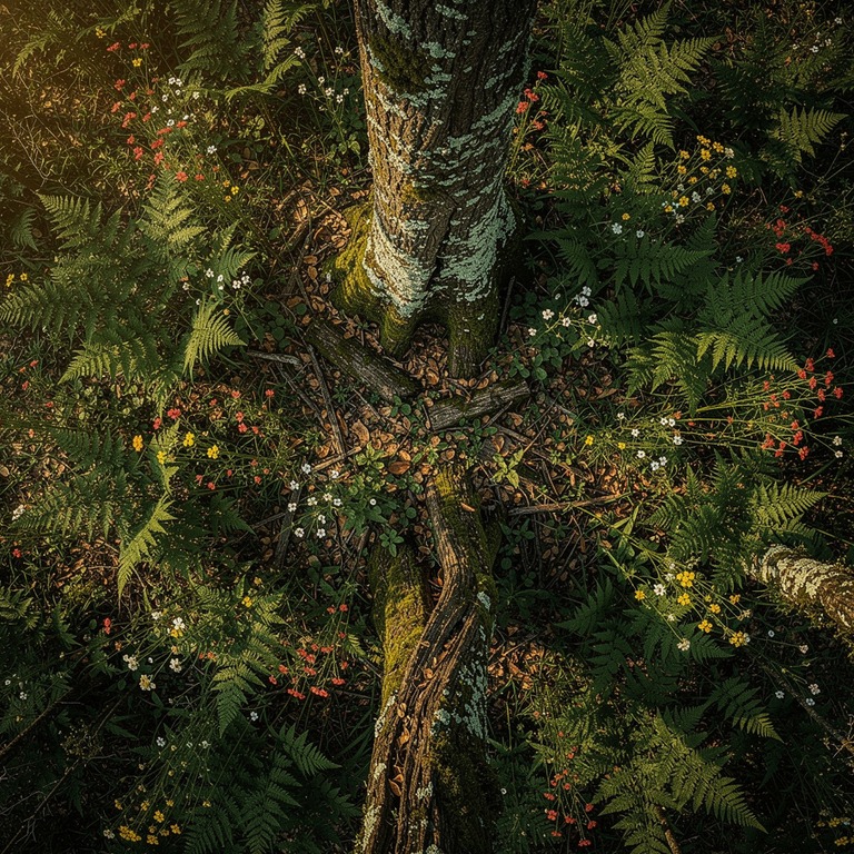 A dense thicket of ferns and wildflowers, with a massive anc... | ShopAyahuascaRetreats