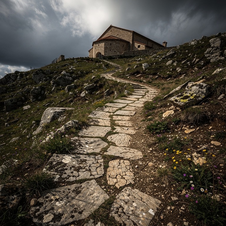 A deserted, winding stone path leading up to a secluded mona... | ShopAyahuascaRetreats