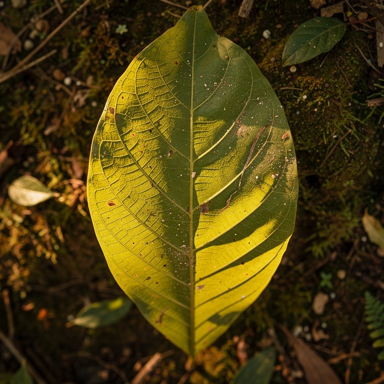 A detailed macro shot of a Tabernanthe iboga leaf, backlit b... | ShopAyahuascaRetreats