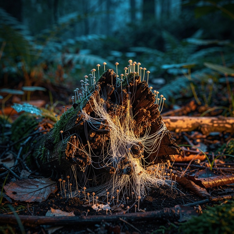 A detailed view of mycelium growing on a decaying log, in a ... | ShopAyahuascaRetreats
