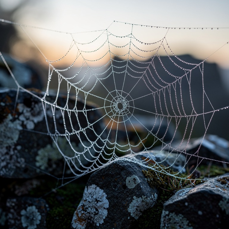 A dewy spider web clings to a stone wall at dawn, highlighti... | ShopAyahuascaRetreats
