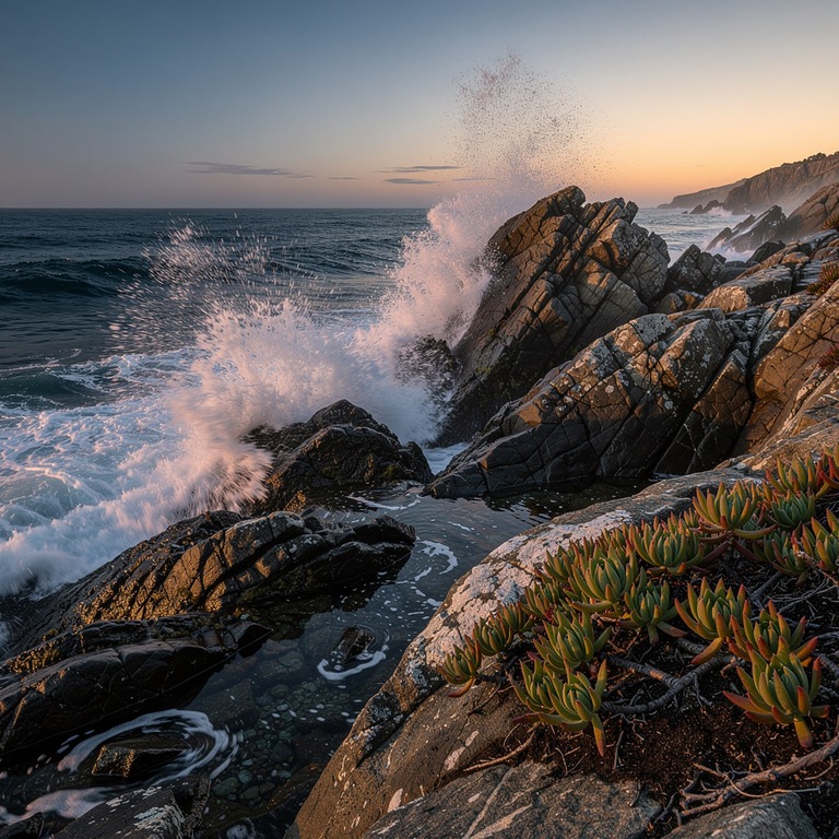 A dramatic, rugged coastline at sunset, with waves crashing ... | ShopAyahuascaRetreats