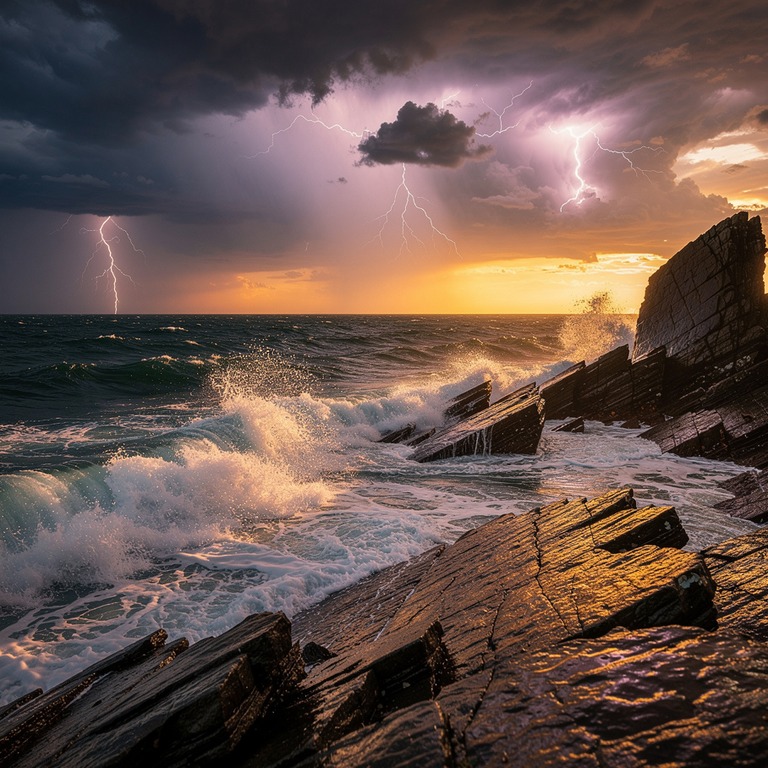 A dramatic, stormy seascape at sunset, with waves crashing a... | ShopAyahuascaRetreats