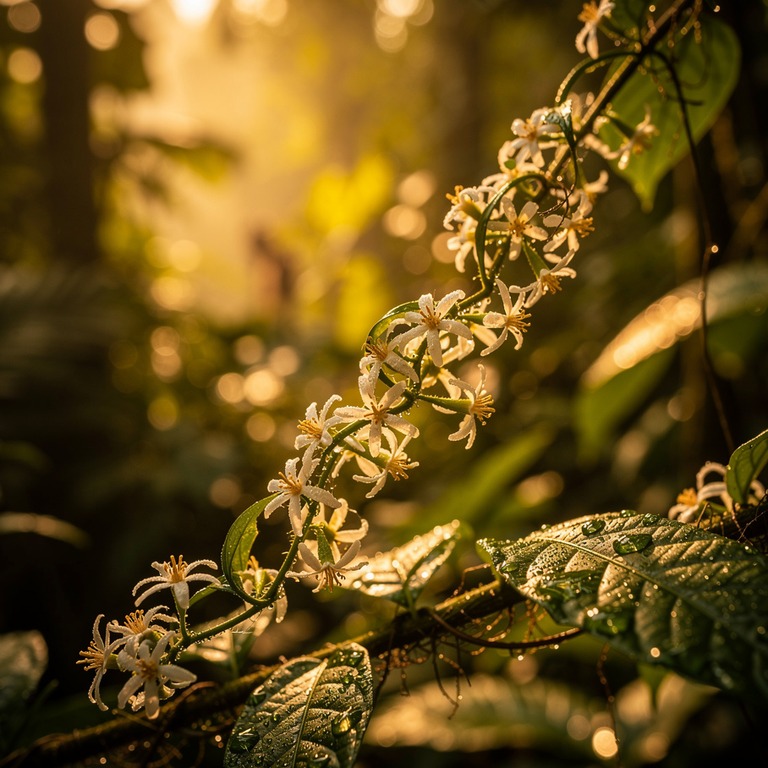 A macro shot of a blooming ayahuasca vine, set against a sof... | ShopAyahuascaRetreats