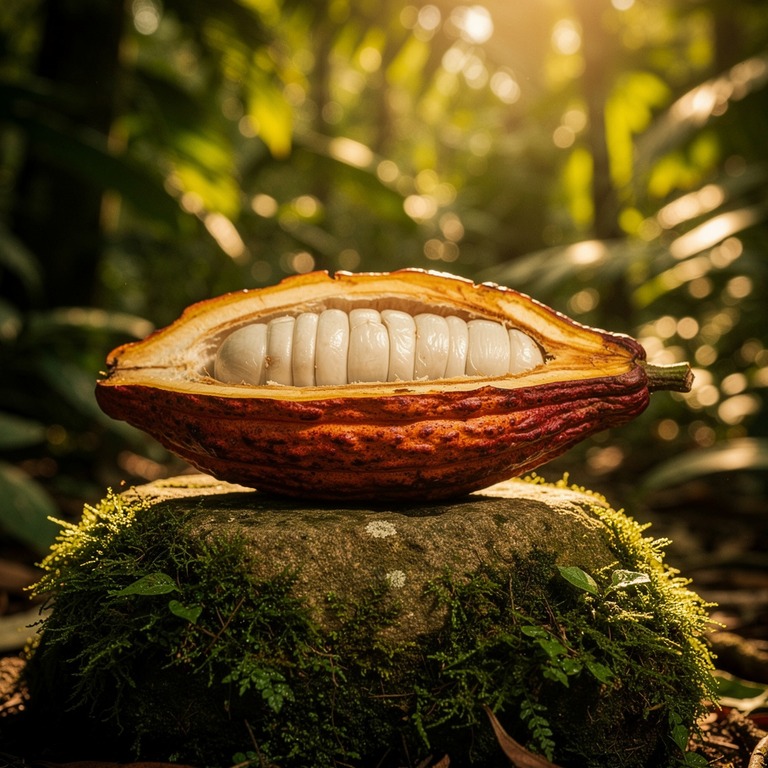 A macro shot of a cacao pod cracked open on a moss-covered s... | ShopAyahuascaRetreats