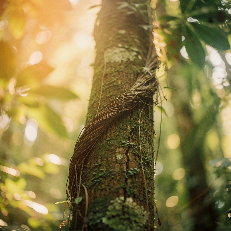 A macro shot of a single ayahuasca vine wrapped around a tre... | ShopAyahuascaRetreats