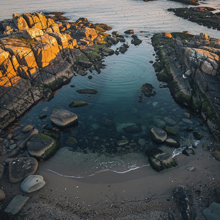 A rocky shoreline at low tide, with a small, serene cove and... | ShopAyahuascaRetreats