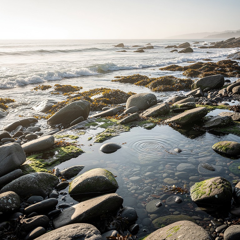 A rocky shoreline at low tide, with waves gently lapping at ... | ShopAyahuascaRetreats