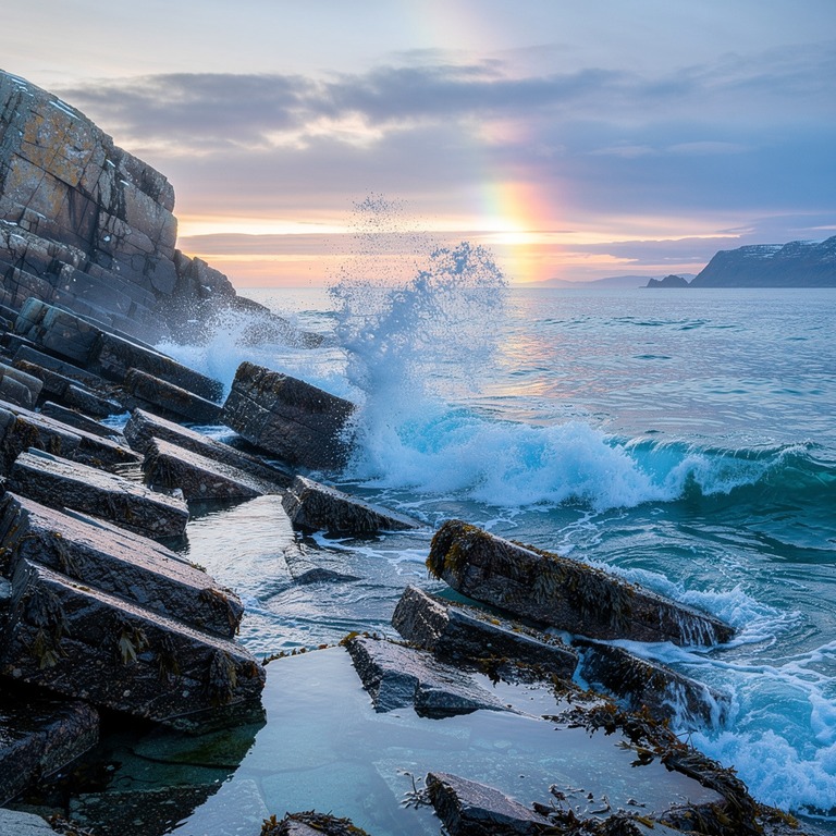 A rocky shoreline at sunset, with waves crashing against the... | ShopAyahuascaRetreats