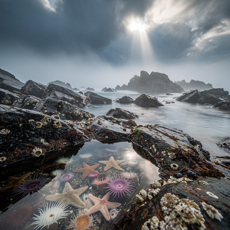 A rugged, rocky shoreline at low tide, with tidal pools fill... | ShopAyahuascaRetreats