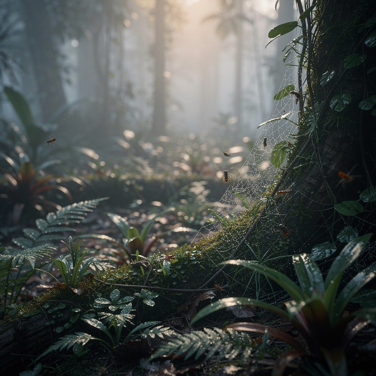 A serene Amazonian rainforest at dawn, with misty fog liftin... | ShopAyahuascaRetreats