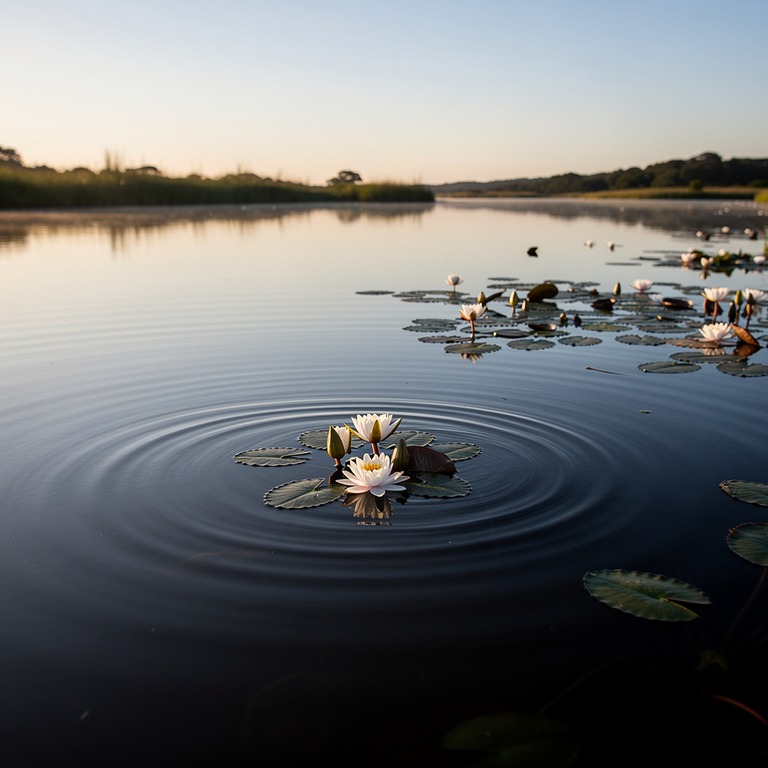 A serene landscape of a calm lake at dawn, with a few water ... | ShopAyahuascaRetreats