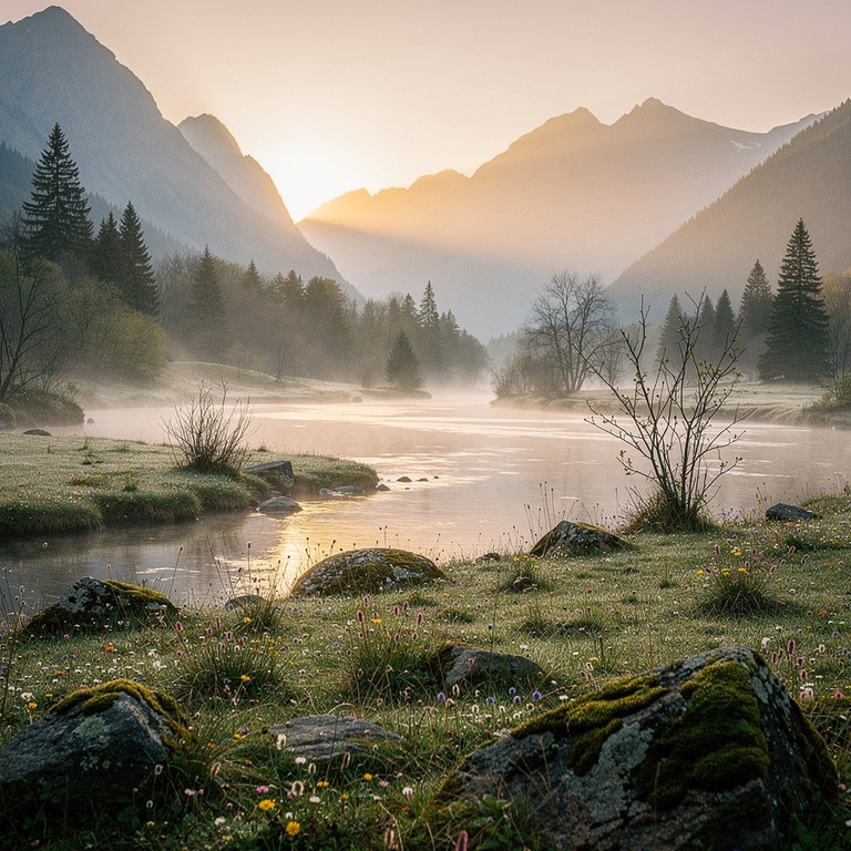 A serene mountain valley at dawn, with a gentle mist lifting... | ShopAyahuascaRetreats