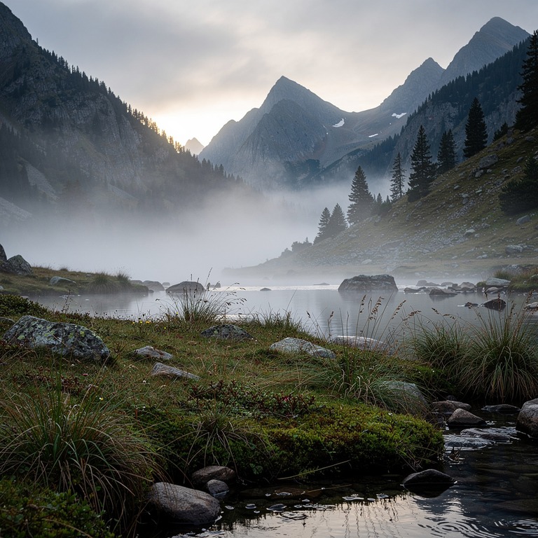 A serene mountain valley at dawn, with mist rolling in and a... | ShopAyahuascaRetreats