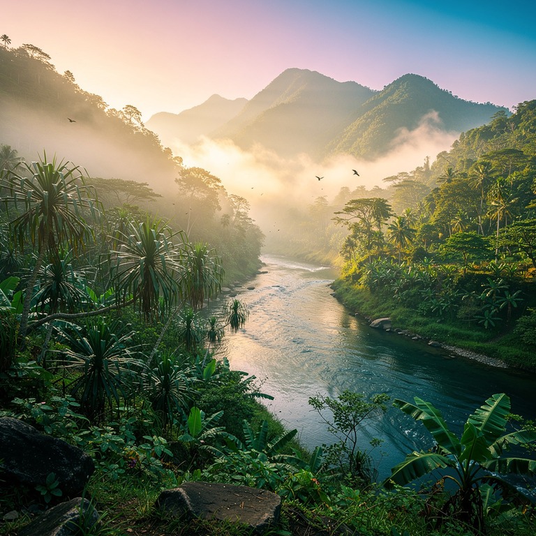 A serene mountain valley at dawn, with misty fog lifting off... | ShopAyahuascaRetreats