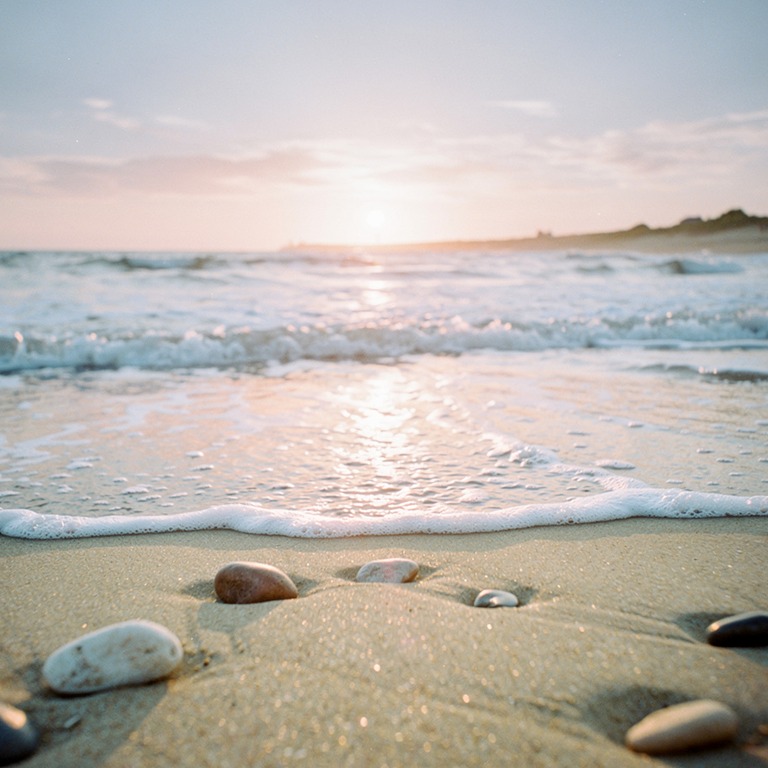 A serene, sandy shoreline at sunrise, with gentle waves and ... | ShopAyahuascaRetreats