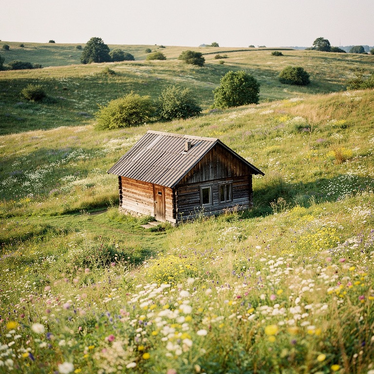 A small, rustic wooden cabin stands alone in a rolling meado... | ShopAyahuascaRetreats