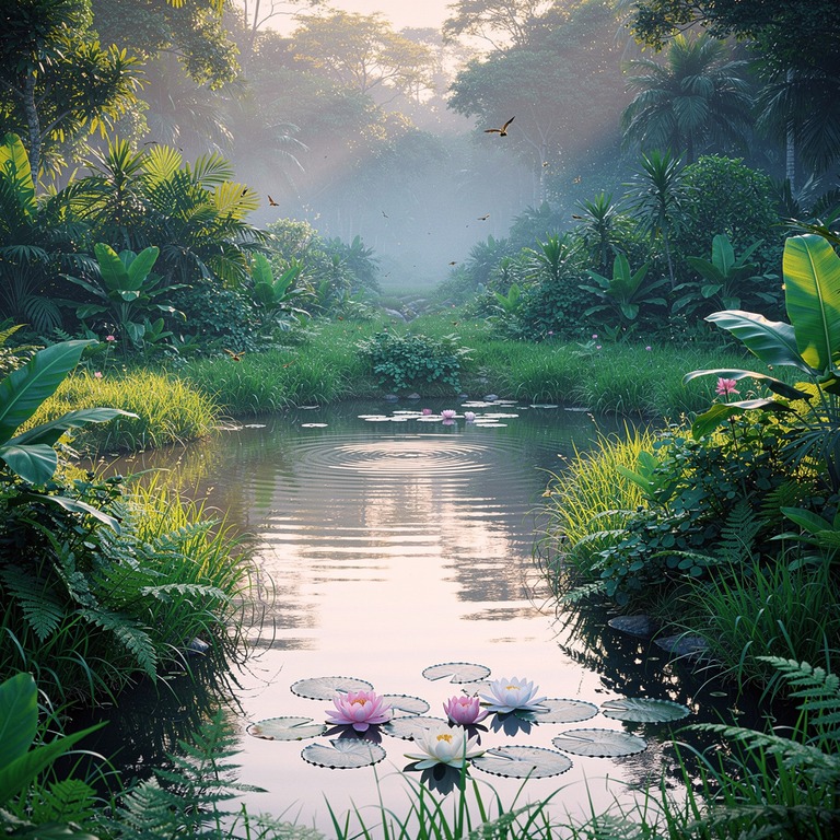 A small, serene pond surrounded by lush greenery, with a few... | ShopAyahuascaRetreats