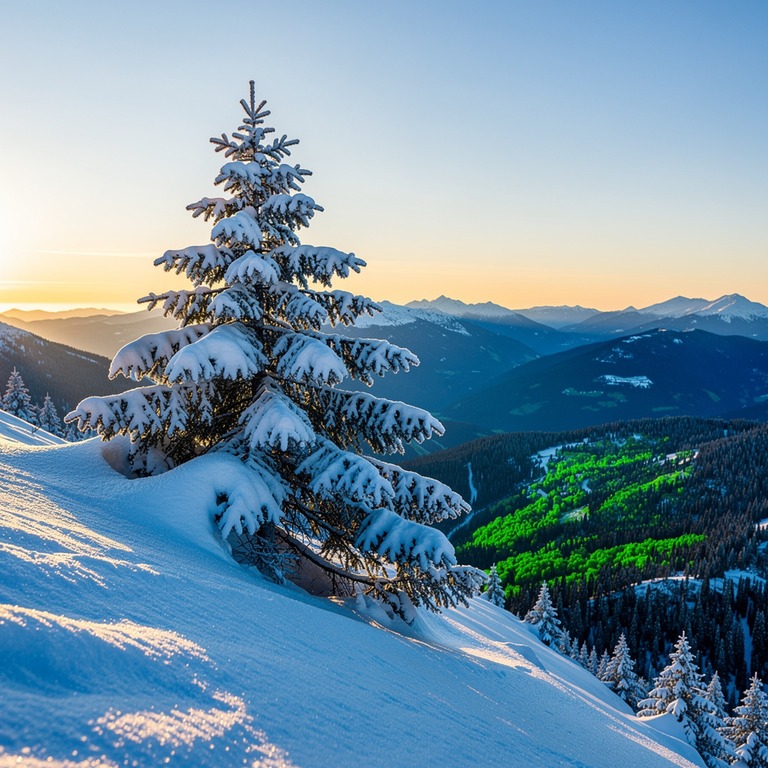 A snow-covered evergreen tree stands alone on a frosty mount... | ShopAyahuascaRetreats