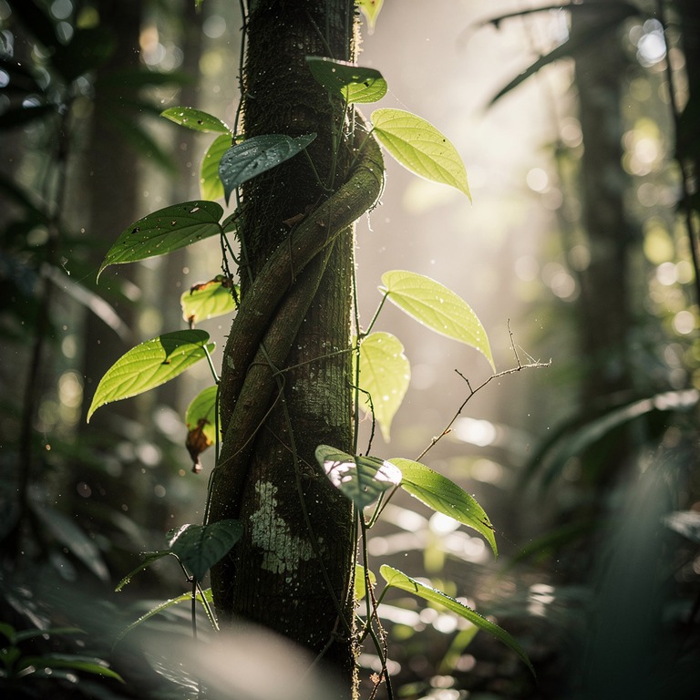 A solitary ayahuasca vine coils around a tree trunk in dappl... | ShopAyahuascaRetreats