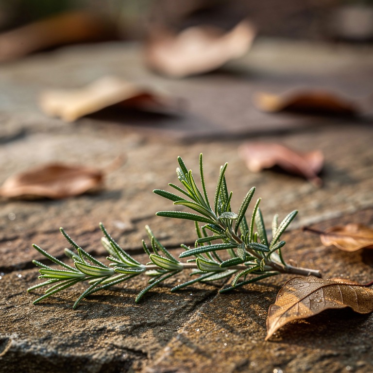 A sprig of fresh rosemary lies on a natural stone surface, i... | ShopAyahuascaRetreats