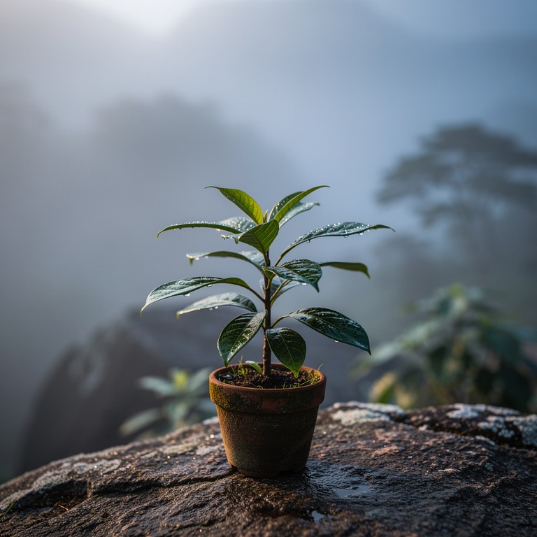 A still life of a small potted Tabernanthe iboga plant on a ... | ShopAyahuascaRetreats