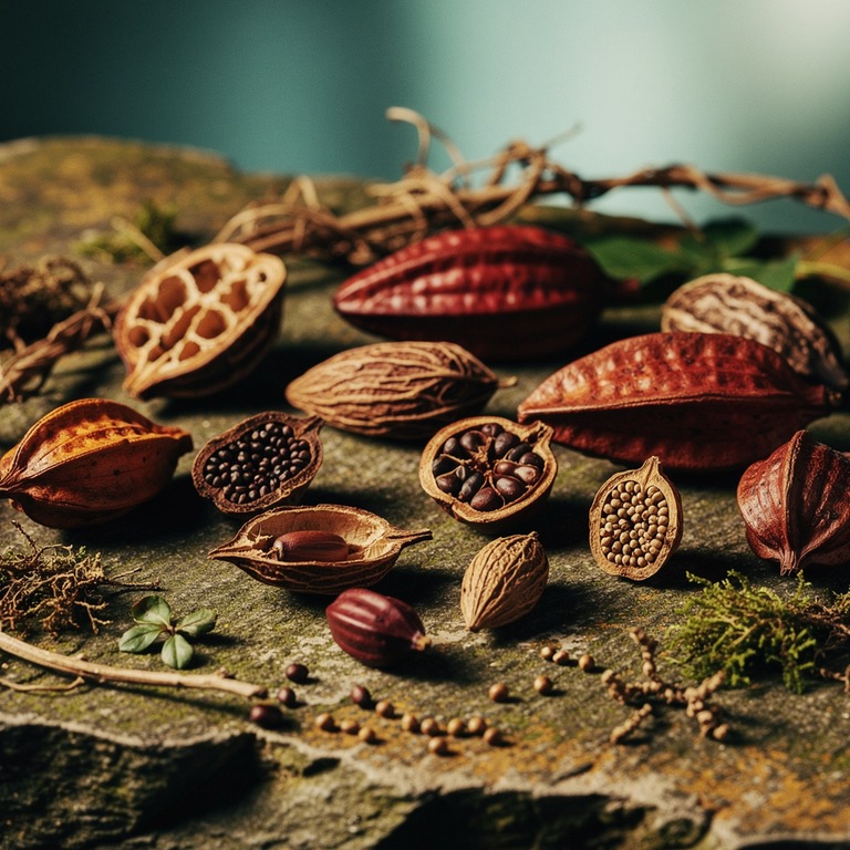 A still life of various Amazonian plant seeds and pods, incl... | ShopAyahuascaRetreats