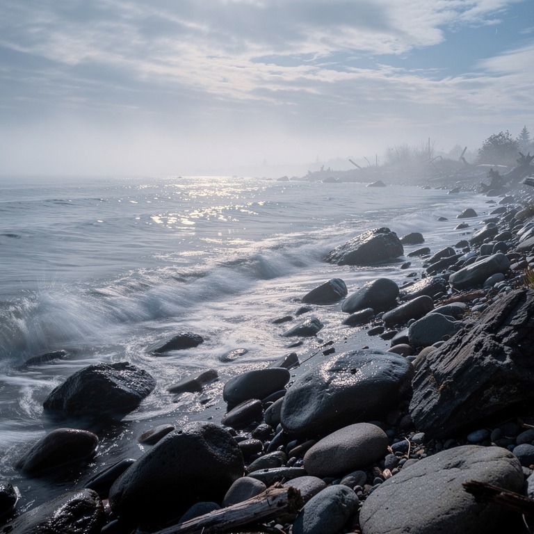 A sunlit rocky shoreline with waves gently lapping at the st... | ShopAyahuascaRetreats
