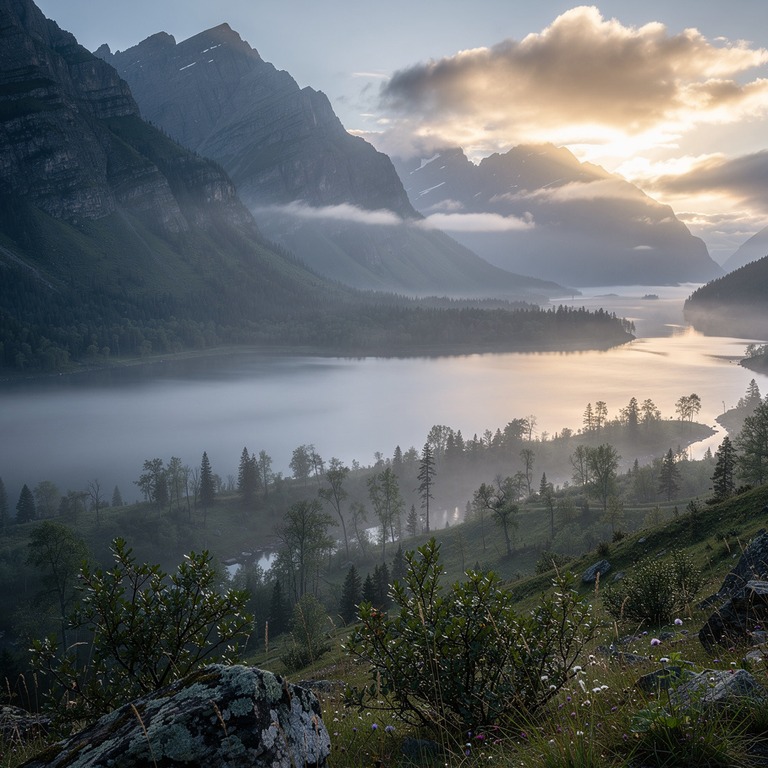 A sunrise over a serene mountain valley with misty clouds, s... | ShopAyahuascaRetreats