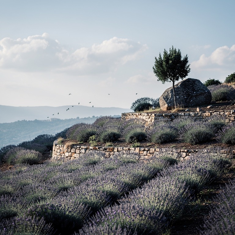 A terraced hillside with rows of lavender plants swaying gen... | ShopAyahuascaRetreats