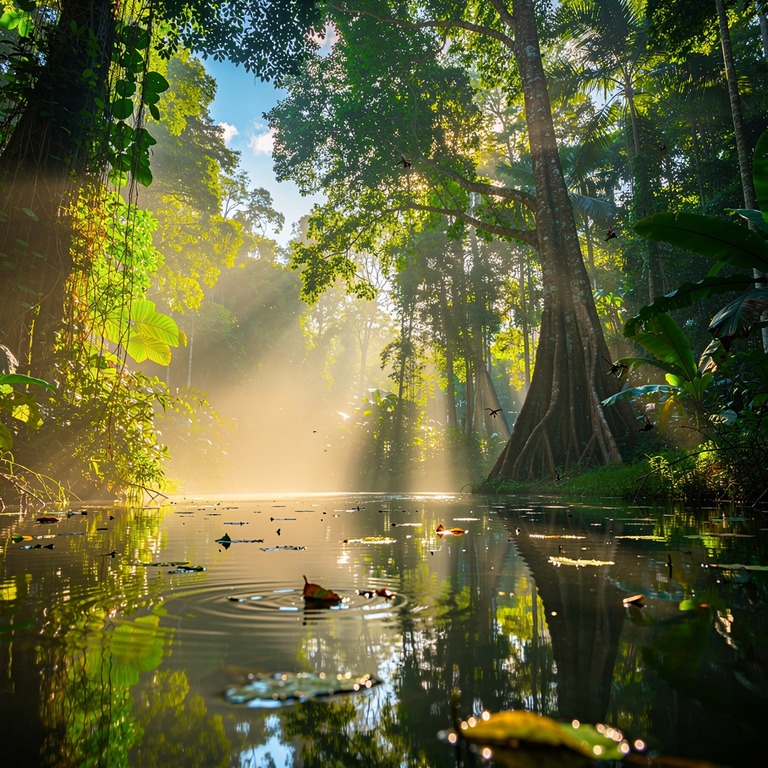 A tranquil Amazonian forest pool reflecting the vibrant gree... | ShopAyahuascaRetreats