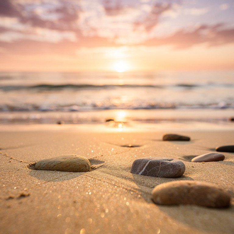 A tranquil, sandy shore at sunset, with calm waves and a few... | ShopAyahuascaRetreats