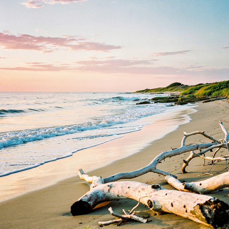A tranquil sea shore at sunset, with calm waves lapping gent... | ShopAyahuascaRetreats