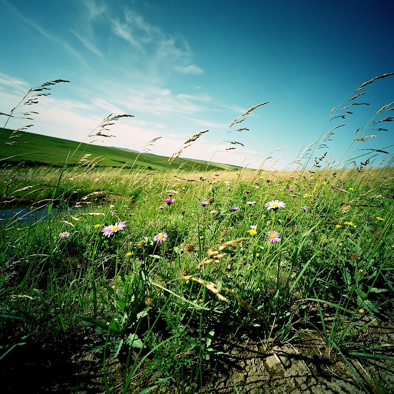 A vast, open field of tall grasses and wildflowers swaying i... | ShopAyahuascaRetreats