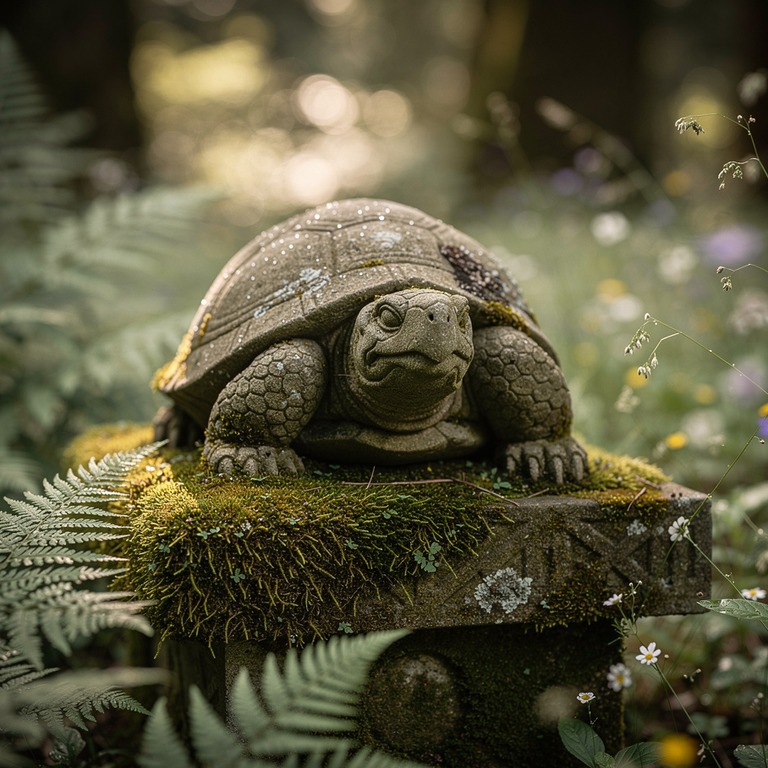 A weathered, stone statue of a tortoise sits atop a moss-cov... | ShopAyahuascaRetreats