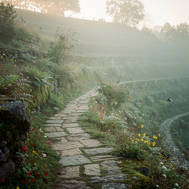 A worn, ancient stone pathway winding through a misty, overg... | ShopAyahuascaRetreats