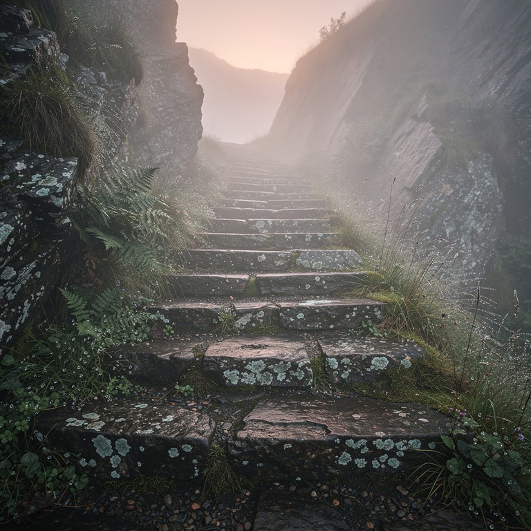 A worn, weathered stone staircase winds up a misty, rugged c... | ShopAyahuascaRetreats