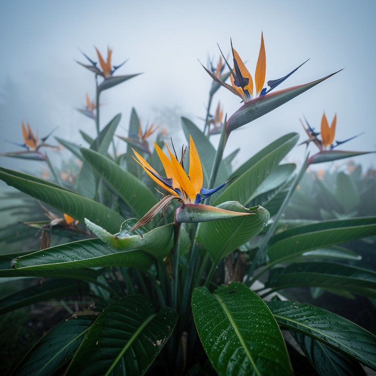 Bird-of-paradise blooms emerging from broad green leaves | ShopAyahuascaRetreats