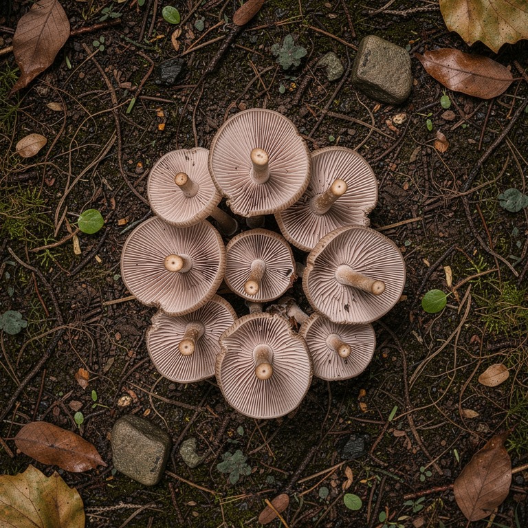 Cluster of forest mushrooms with intricate gill detail under... | ShopAyahuascaRetreats