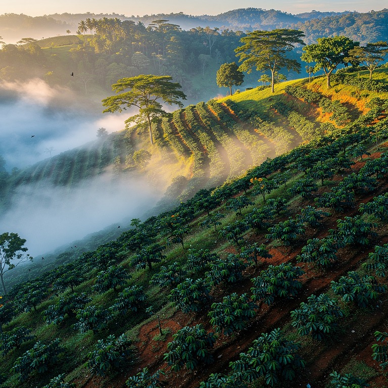Coffee plantation hillside at dawn, mist between rows of pla... | ShopAyahuascaRetreats