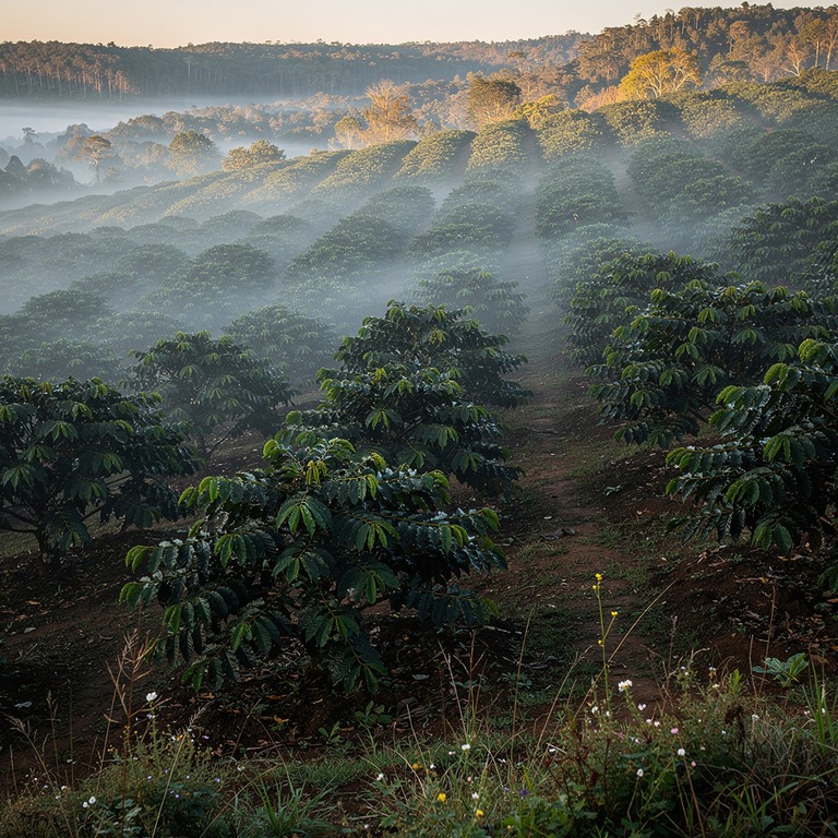 Coffee plantation hillside at dawn, mist between rows of pla... | ShopAyahuascaRetreats