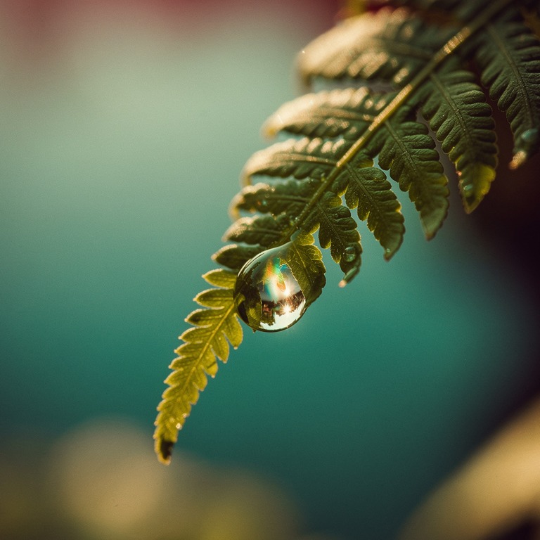 Dewdrop on a fern frond, extreme macro with rainbow refracti... | ShopAyahuascaRetreats